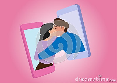 The distance of lovers expressing their love through smartphones with nostalgia. social networking and relationship concepts flat Vector Illustration