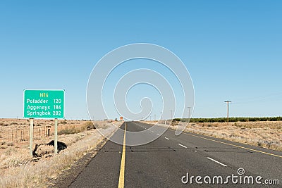 Distance sign on the N14 road between Kakamas and Pofadder Stock Photo