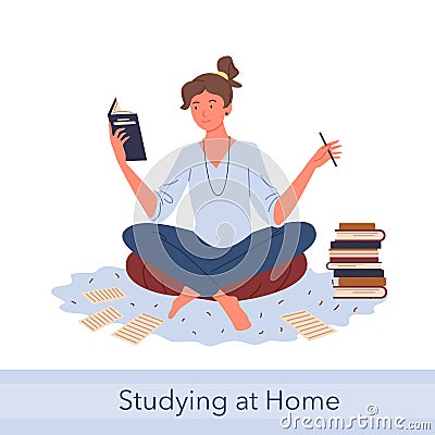 Distance study self education, knowledge concept with young happy woman student reading Vector Illustration