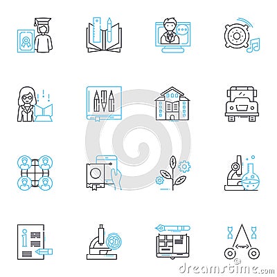 Distance studying linear icons set. Remote, Online, Virtual, Digital, E-learning, Independent, Flexible line vector and Vector Illustration