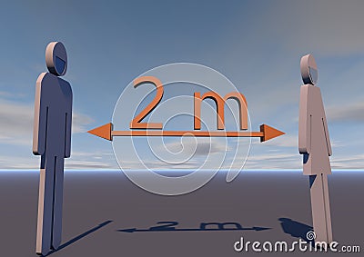 The distance is two meters. Safe distance between people with viral infection. 3d render Stock Photo
