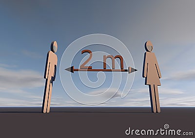 The distance is two meters. Safe distance between people with viral infection. 3d render Stock Photo