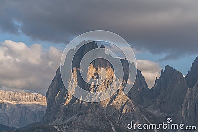 Distance view of the details of the Plattkofel mountain peak on Alpe di Siusi, South Tyrol, Italy Stock Photo