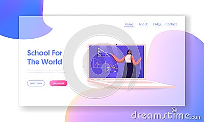 Distant Education on Covid19 Quarantine Landing Page Template. Teacher Female Character Conduct Lesson Vector Illustration