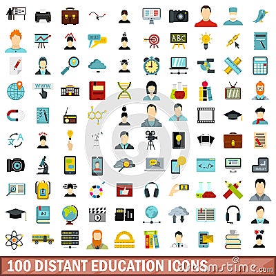 100 distant education icons set, flat style Vector Illustration