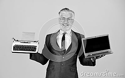 Distant Education. modern digital business. vintage typewriter. successful businessman retro typewriter and modern Stock Photo