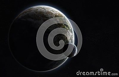 Distant planet system in space with exoplanets 3D rendering elem Stock Photo