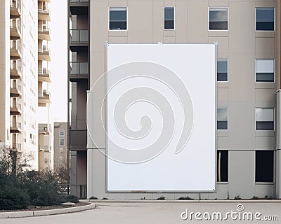 The distant sound of construction outside the exits of a highrise apartment complex. Blank empty billboard mock up. AI Stock Photo