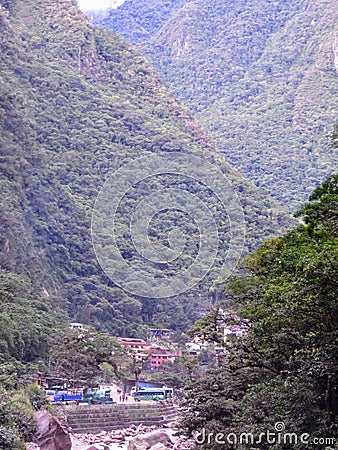 A distant view of Aguas Calientes, a tourist town nestled in the Stock Photo