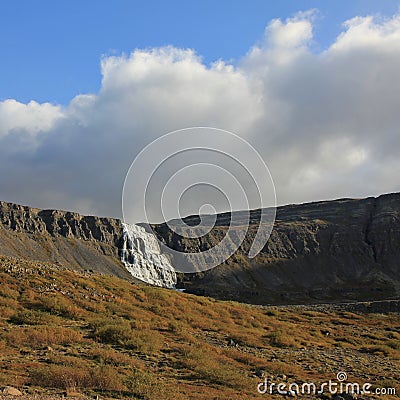 Distant view of the Dynjandi, famous waterfall in the westfjords of Iceland. Stock Photo