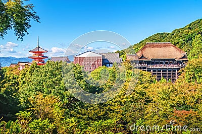 Distant view of Kiyomizu-dera temple inside green foliage and blue sky above in Kyoto, Japan Stock Photo