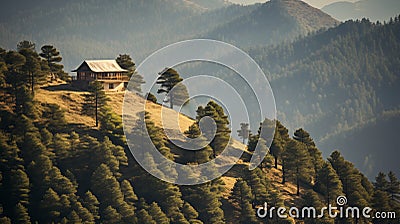 Distant view of a little house nestled in the mountains Stock Photo