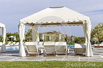 Distant view on Temple of Poseidon through pool Stock Photo