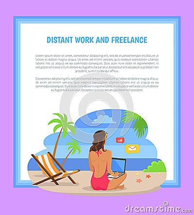 Distant Work and Freelance Poster Freelancer Woman Vector Illustration