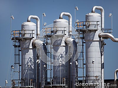 Distillation Towers of Ethanol Plant Stock Photo