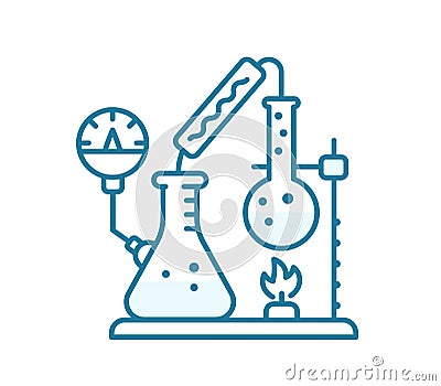 Distiller devices in a chemistry laboratory. Outline contour blue line. Vector Illustration