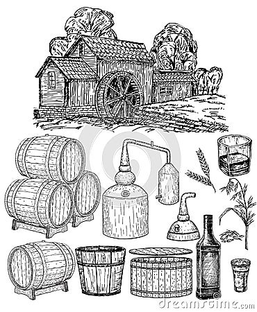 Distillery. Vector hand drawn whisky production elements Stock Photo