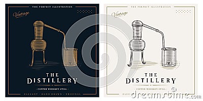 Distillery vintage logo whiskey copper pot still illustration Vector Illustration