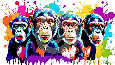 A distinct chimpanzee arrayed horizontally, each embodying a separate rainbow hue Stock Photo