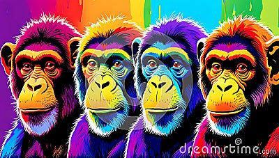 A distinct chimpanzee arrayed horizontally, each embodying a separate rainbow hue Stock Photo