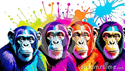A distinct chimpanzee arrayed horizontally, each embodying a separate rainbow hue Stock Photo