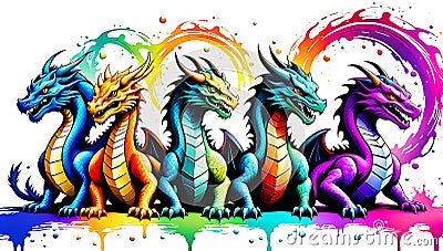 A distinct dragon arrayed horizontally, each embodying a separate rainbow hue Stock Photo