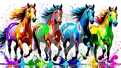 A distinct horse arrayed horizontally, each embodying a separate rainbow hue Stock Photo
