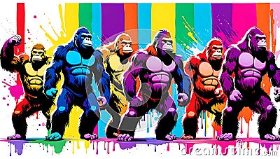A distinct king kong arrayed horizontally, each embodying a separate rainbow hue Stock Photo