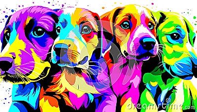 A distinct puppy arrayed horizontally, each embodying a separate rainbow hue Stock Photo