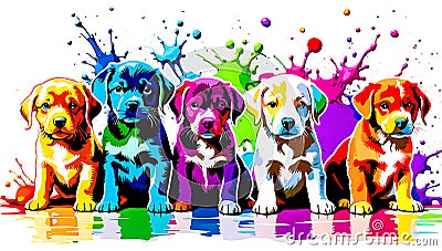 A distinct puppy arrayed horizontally, each embodying a separate rainbow hue Stock Photo