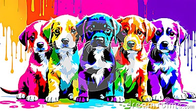 A distinct puppy arrayed horizontally, each embodying a separate rainbow hue Stock Photo