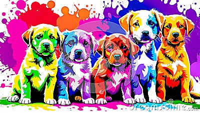 A distinct puppy arrayed horizontally, each embodying a separate rainbow hue Stock Photo