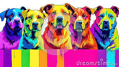A distinct puppy arrayed horizontally, each embodying a separate rainbow hue Stock Photo