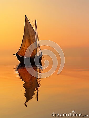 The distinct silhouette of a classic sailing ship stands out against the vibrant, fiery sunset sky, its reflection Stock Photo