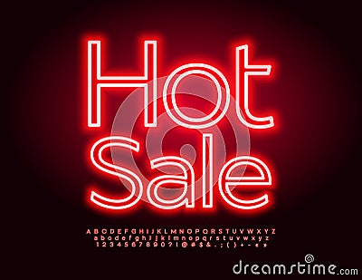 Vector promo Poster Hot Sale. Bright Neon Font. Glowing Red Alphabet Letters and Numbers Vector Illustration