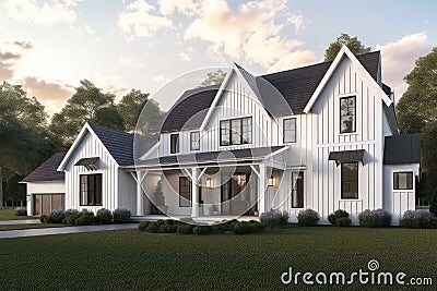 distinctive farmhouse with wrap-around porch, shingle exterior and modern lighting Stock Photo