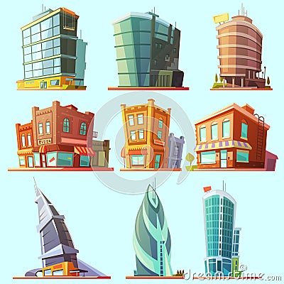 Distinctive modern and old buildings icons set Vector Illustration