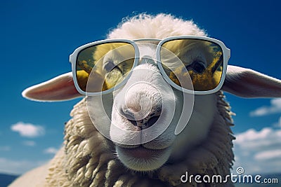 Distinctive Sheep colorful glasses smiling. Generate AI Stock Photo