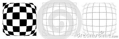 Distorted abstract geometric shape elements. Deformation, distortion warp, tweak effect on checkered, grid, mesh surface Vector Illustration