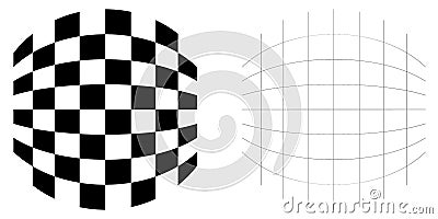 Distorted abstract geometric shape elements. Deformation, distortion warp, tweak effect on checkered, grid, mesh surface Vector Illustration