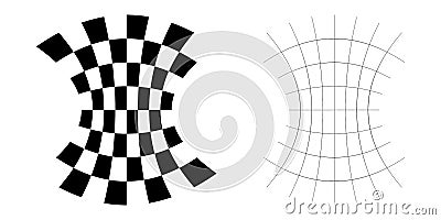 Distorted abstract geometric shape elements. Deformation, distortion warp, tweak effect on checkered, grid, mesh surface Vector Illustration