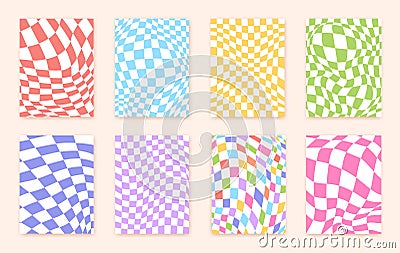 Distorted checkered posters. Patterns distortion grooved wavy squares, playfully fashion y2k, retro collage warping Vector Illustration