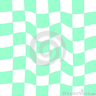 Distorted chess board background. Chequered op illusion. Psychedelic pattern with warped blue and white squares. Plaid Vector Illustration