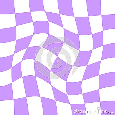 Distorted chessboard background in 2yk style. Visual chequered illusion. Dizzy psychedelic pattern with warped purple Vector Illustration
