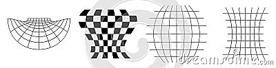 Distorted, deformed grids, meshes, checkerboards. Abstract warp, tweak distortion, deformation effect design elements Vector Illustration