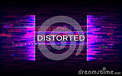 Distorted glitch banner. Dynamic distortion with purple elements. Futuristic poster. Future design template. Color wave Vector Illustration
