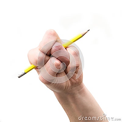 Distorted hand with pencil in white background Stock Photo