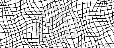 Distorted outline wireframe background. Abstract wavy checkerboard wallpaper. Warped curved grid surface pattern. Black Vector Illustration
