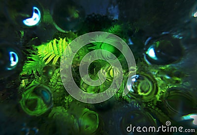 Distorted view into a haunted fountain, covered with a glass plate, dew drops, ferns and moss, enchanted drops of water, Stock Photo