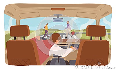 Distraction while driving car, unsafe trip Vector Illustration